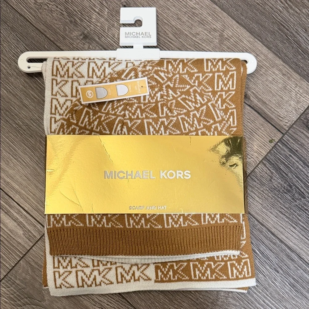 Michael Kors Tan and Cream MK Logo Scarf and Hat